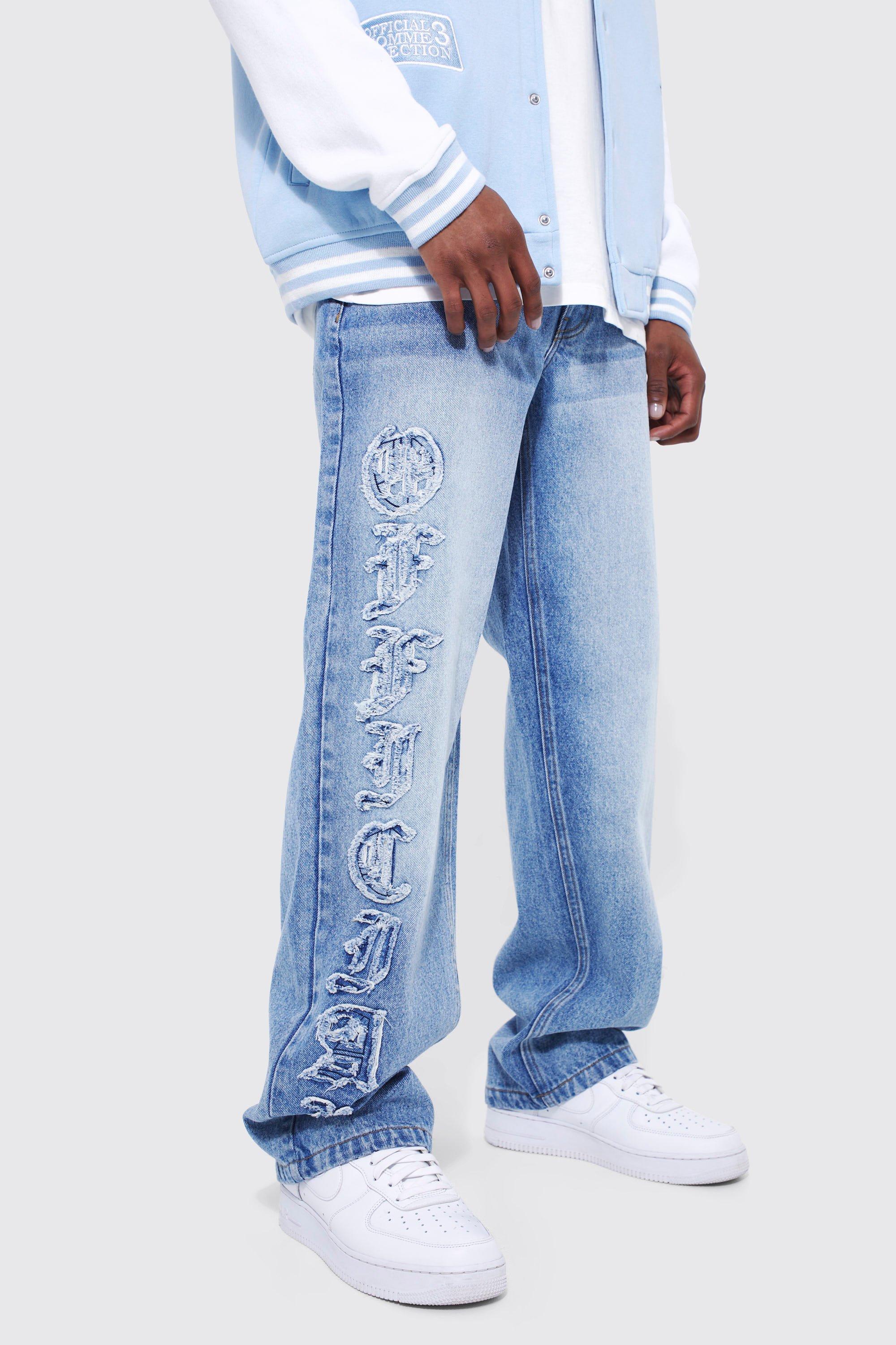 Mens Blue Baggy Fit Applique Jeans, Blue